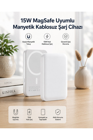 Lisinya 15W MagSafe Uyumlu Manyetik Kablosuz Powerbank 5000 mAh -
