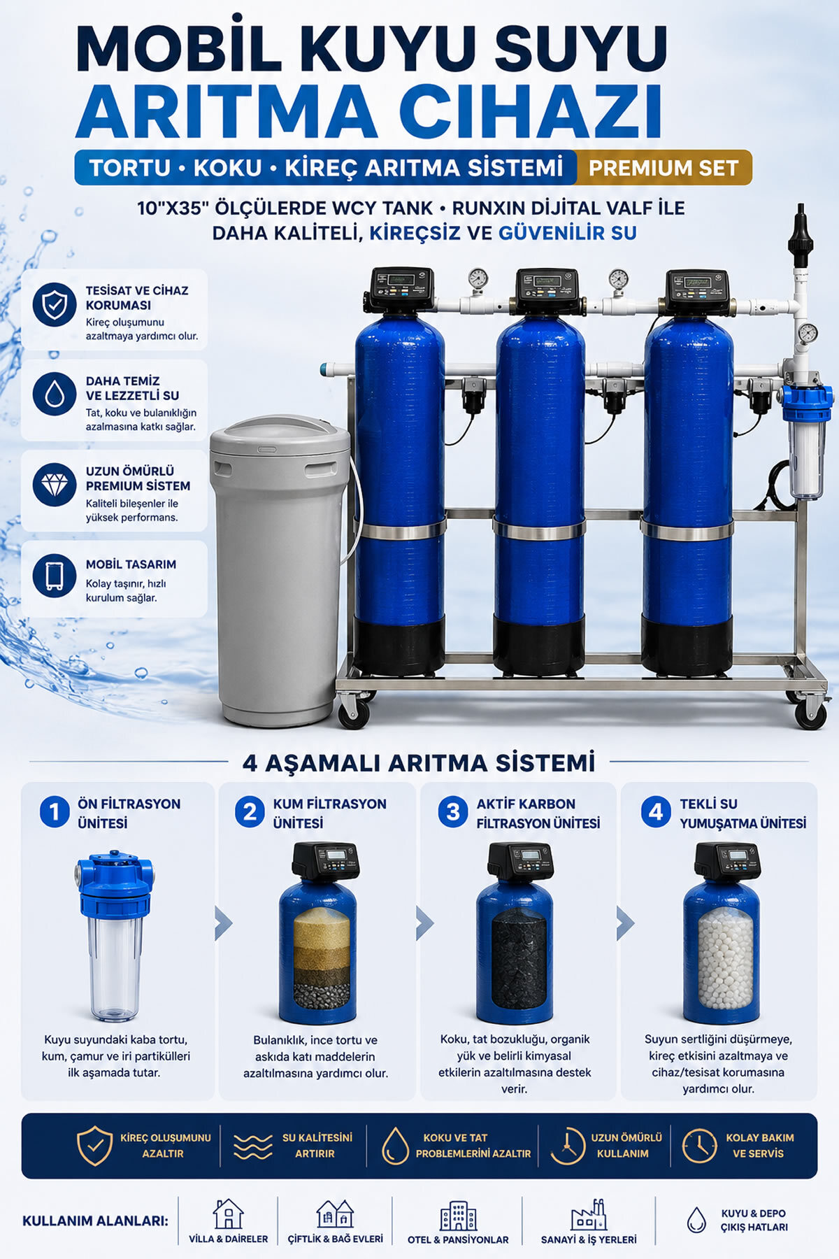AQUA BELLA Mobil Kuyu Suyu Arıtma Sistemi 10'' FK+ 10x35 Kum+Karbon+Yumuşatma