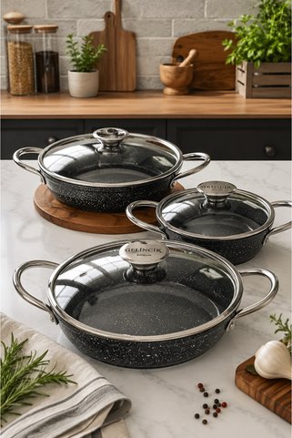 Gelincik Alk Döküm Granit Kaplama Sahan Seti Omlet seti cam kapaklı
