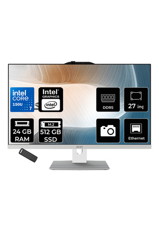 MSI Modern AM272P Intel Core 7 150U 24GB RAM 512GB SSD Intel Graphics 27" Full HD (1920x1080) FreeDOS 1M-1095XEUP314 Beyaz All In One Bilgisayar + Per4 USB Bellek