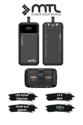 MTL 30000 mAh 22.5W Turbo Şarj Dahili Kablolu Dijital LED Göstergeli PD ve QC 3.0 Powerbank MT4331