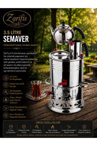 Zarifiş 3.5 Litre Tek Musluklu Semaver Krom Demlik Hediyeli 1 adet Musluk Hediyeli