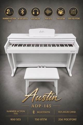 AUSTIN ADP-145 Siyah Digital Piyano Hammer Action Çekiç Aksiyonlu 88 Tuş Tabure Kulaklik Dahil
