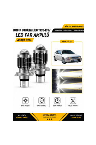 Oto Çizgi Toyota Corolla E100 1992-1997 H4 LED Far Ampulü Beyaz Işık Canbus Mini Lensli 2'li Set