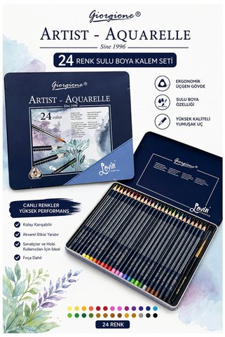 Artlantis Aquarel Suluboya Kalemi 24 Renk 1 Paket Giorgione Teneke Kutu Sulu Boya Kalemi 24 Lü Fırça Hediyeli