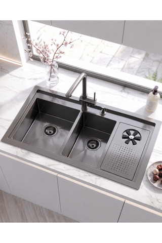 DUREVO Moderno Double- 100x50 cm Paslanmaz Çelik Çift Hazneli Bardak Yıkamalı Mutfak Evyesi- SİYAH