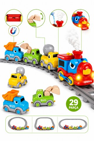 craftivio Buhar Çıkaran Işıklı ve Sesli Şantiye Tren Seti - 29 Parça Manyetik Bağlantılı Eğitici Oyuncak İş Makineleri