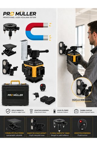 Pro Müller Alman Profesyonel Otomatik Hizalama 16 Köşe 360° Yeşil Lazer Çizgi Hizalama Terazi Çantalı