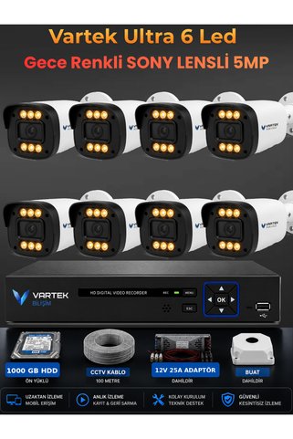 VARTEK BİLİŞİM 8 Kameralı Ultra 6 Ledli 5MP Sony Lensli Gece Renkli Güvenlik Kamerası Seti 1000 GB HDD