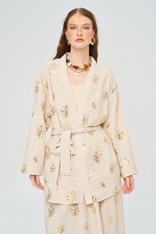 Orfeo Negro Kadın Pul Payet Yaprak İşlemeli Kuşaklı Kimono