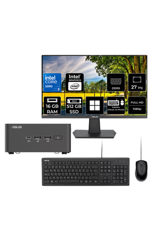 ASUS NUC 15 Pro Tall Intel Core 3-100U 16GB RAM 512GB SSD 27" Full HD Monitör Win11 Home RNUC15CRHI300002P757 Mini Masaüstü Bilgisayar + PER4 USB BELLEK