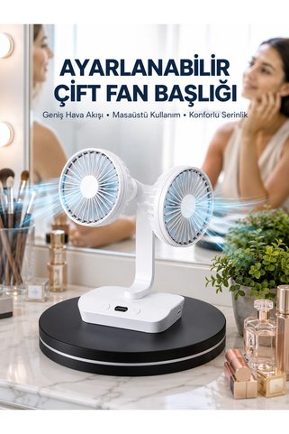 Eco Lounge Ayarlanabilir Hızlı Çift Başlıklı Masaüstü Fan – Gece Lambalı Serinletici
