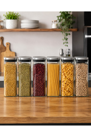 Karçiçeği Home 6’lı 2000 ml Kare Borosilikat Cam Kavanoz Seti – Vakumlu Çelik Kapaklı - 8469-1