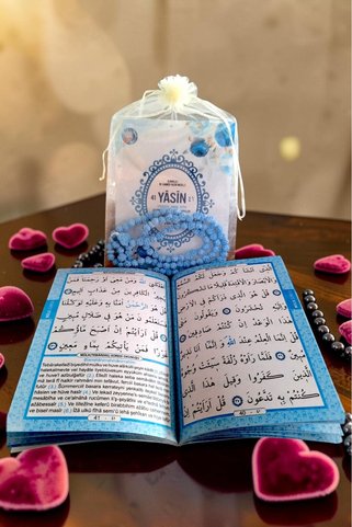 Medrese Yayınları 50li Tül Keseli Yasin Cüzü Kitabı 12x16 çanta boy Erkek Bebek için Tesbihli Sesli Dinleme, doğum, mevlit Hediye, mavi
