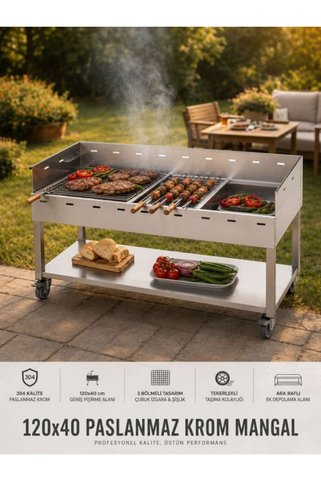 Kaan Coşkun Metal 40X120 ÇUBUK VE OLUK IZGARALI VE ŞİŞLİK BÖLMELİ KROM MANGAL