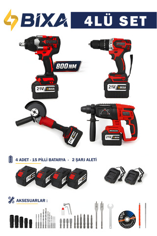 bixa 4'lü Kömürsüz Şarjlı El Aletleri Seti 800 Torklu Somun Sıkma, Kırıcı Delici Hilti, Taşlama ve 13MM Matkap, 4 Adet 15 Pilli Batarya, Çift Şarj Cihazı