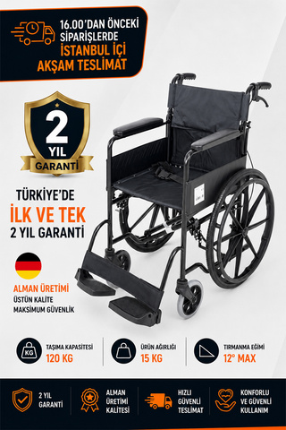 Römer R201 Manuel Tekerlekli Sandalye – Refakatçi Frenli, Dolgu Tekerlekli, Katlanabilir, 45 cm İç Genişlik 120 Kg Kapasiteli 120 kg bedeni Taşımaz
