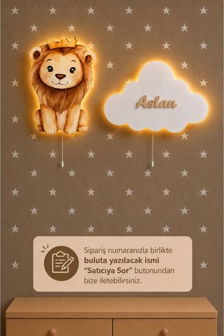 BugyBagy Ahşap İsme Özel Aslanlı Lamba Seti Yıldız Hediyeli Pilli Ledli Gece Duvar Lambası Bebek Çocuk Odası