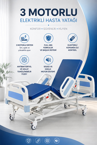 TAGESAN 3 Motorlu Full ABS Hasta Karyolası | Elektrikli Asansörlü Kumandalı Hasta Yatağı 90x190 cm 220 kg