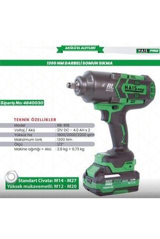 Hais AKÜLÜ SOM.SIK.DARB.1300NM 21V 4.0Ah RB-818 HAİSPRO