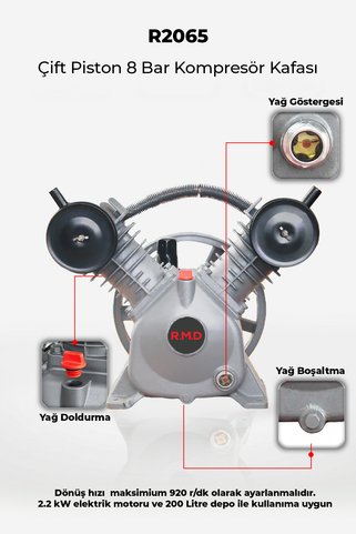 R.M.D Kompresör Çift Piston 8 Bar Kompresör Kafası R2065