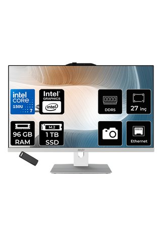 MSI Modern AM272P Intel Core 7 150U 96GB RAM 1TB SSD Intel Graphics 27" Full HD (1920x1080) FreeDOS 1M-1095XEUP351 Beyaz All In One Bilgisayar + Per4 USB Bellek
