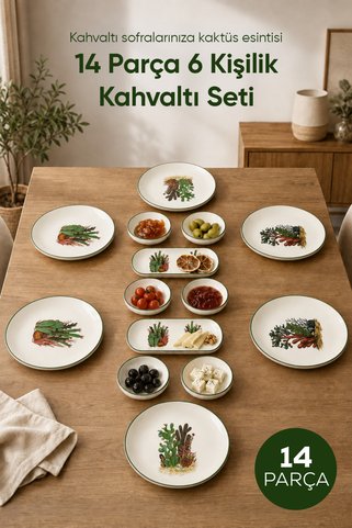 Vienev Kaktüs Desenli 14 Parça 6 Kişilik Seramik Kahvaltı Takımı Servis Sunum Tabaklı Dekoratif Sofra Seti