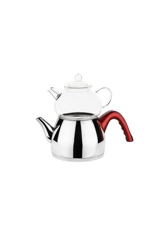 Tantitoni Kırmızı Konik Orta Boy Paslanmaz Çelik Çaydanlık Takımı 980/1700ml