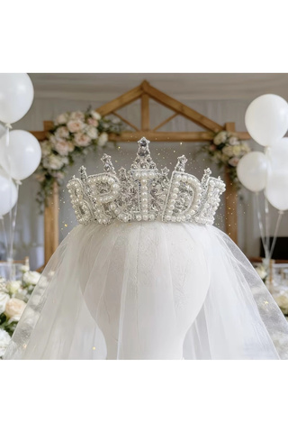 İnci ve Taş Süslemeli Bride Yazılı Gelin Tacı