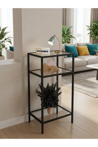 UYGAMO Lua Metal Yan Sehpa Şeffaf Cam Dresuar 3 Katlı Cam Raflı Modern Dekoratif Antre Sehpa Hol Saksı Standı 40x30