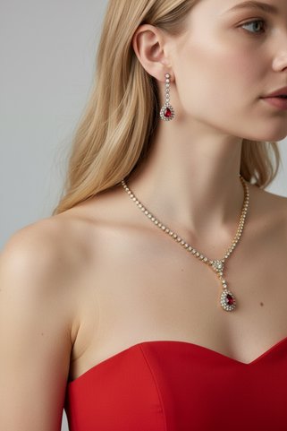 FUYA JEWELLERY Zirkon Taşlı Su Yolu Kolye, Küpe Set