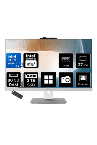 MSI Modern AM272P Intel Core 7 150U 80GB RAM 2TB SSD Intel Graphics 27" Full HD (1920x1080) Win11 Home 1M-1095XEUP446 Beyaz All In One Bilgisayar + Per4 USB Bellek