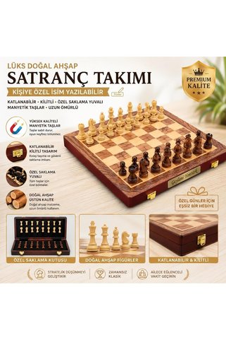 Kişiye Özel İsim Yazılabilir Lüks Ahşap Manyetik Satranç Seti 29 Cm Katlanabilir Premium Takım