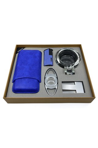 Parmida Royal Blue Beşli Puro Seti - Puro Kılıfı, Çakmak, Kesici, Sehpa, Küllük - Mavi