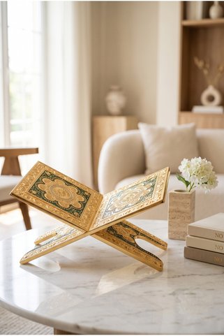 RASHA COLLECTION Altın Görünümlü Kabartma Desenli Dekoratif Kuran Rahlesi