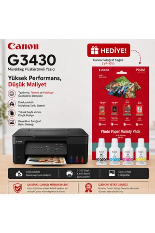 Canon G3430 Pıxma Tankli Yazici (TARAYİCİ/FOTOKOPİ) Usb / Wıfı Fotoğraf Kağıdı Hediyeli