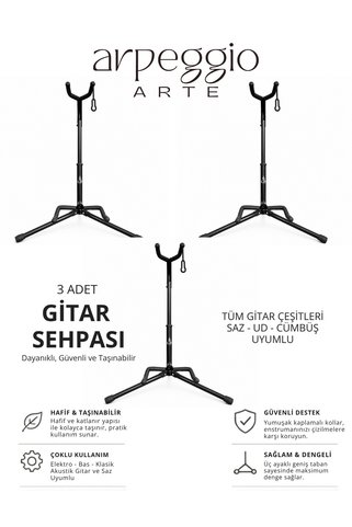 arpeggio ARTE 3 Adet Gitar Sehpası Standı - Katlanabilir Elektro Akustik Klasik Bas Gitar Saz Bağlama Ud Cümbüş Uyumlu