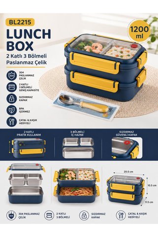 Vagonlife BL2215 Lacivert 1200 ml 2 Katlı 3 Bölmeli Paslanmaz Çelik Yemek Kabı (Lunch Box)