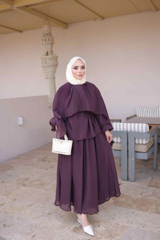 İmajButik Mürdüm Omuz Pelerinli Etekli Takım