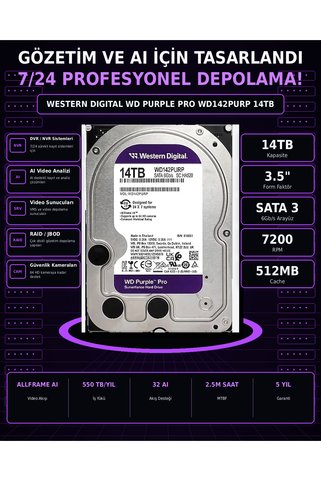 DİSK BANK 14 TB PURPLE 3.5 İnçWD142PURP Kamera, DVR ve NVR Kayıt Sistemi Diski