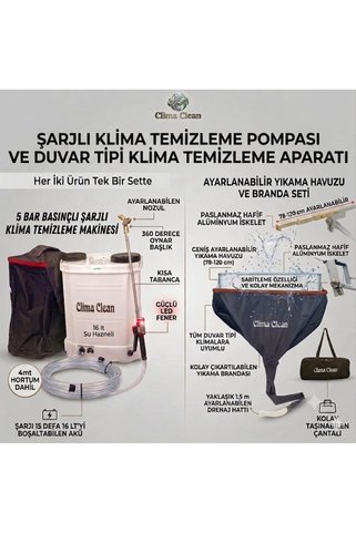 CLİMA CLEAN ŞARJLI KLİMA TEMİZLEME POMPASI+DUVAR TİPİ KLİMA TEMİZLEME APARATI PROFİLLİ(İKİLİ SET)