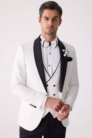 Ysf Erkek Beyaz Damatlık Slim Fit Kırlangıç Yaka Desenli
