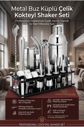 Transformacion 750 ml Kokteyl Shaker Seti 24 Parça Siyah Akrilik Standlı Profesyonel Paslanmaz Çelik Metal Buz Küplü Ev Barı Miksoloji Seti 723389