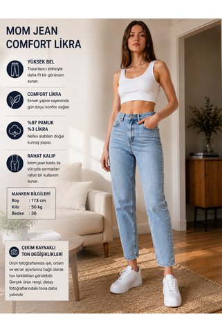 geenz manifacture Ngbutika Açık Mavi Mom Jeans Likralı Yüksek Bel Mavi Kar Yıkamalı Mom Kot Pantolon Ekstra Esnek