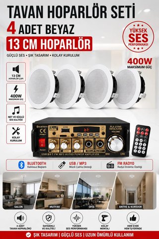 Poke Tavan Hoparlör Seti (1 Adet Anfi Bluetooth Usb Sd Fm + 4 Adet 10 W 13 cm Tavan Hoparlör)