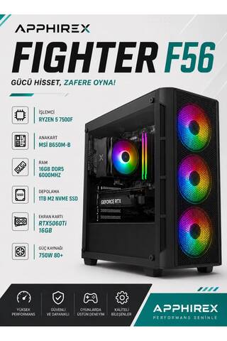 Apphirex FIGHTER F56 Ryzen 5 7500F 16GB DDR5 Ram 1TB M.2 SSD RTX5060Tİ 16GB Oyuncu Masaüstü Bilgisayar