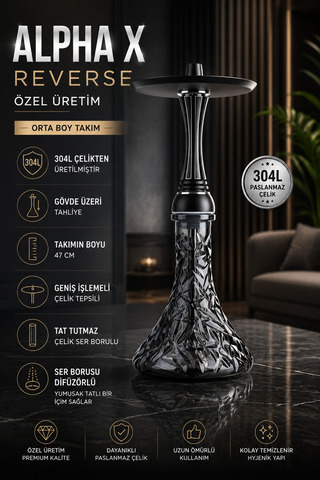 perfectmegastore ALPHA X REVERSE Orta Boy Çelik Nargile Takımı – 304L Çelik, Difüzörlü, İşlemeli Tepsili