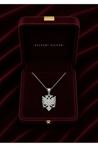Alaja Silver Çift Başlı Kartal Arnavutluk Sembolü Beyaz Taşlı Tasarım 925 Ayar Gümüş Kolye