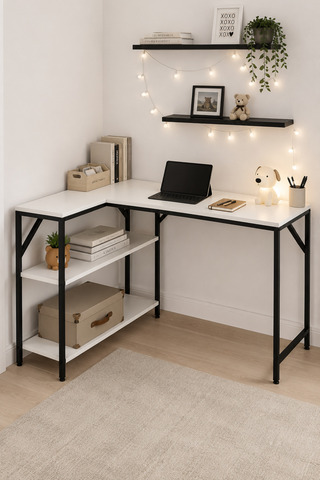 Flinder Beyaz/Siyah L Masa, Kitaplıklı, Raflı, 120 Cm Çalışma Masası, Bilgisayar, Pc, Oyuncu, Gaming Masası Metal Ayaklı