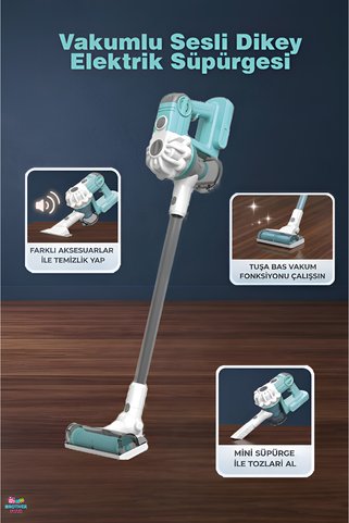 Brother Toys 3'ü 1 Arada Sesli Vakumlu Çekme Özellikli Elektrikli Oyuncak Dikey Süpürge Mavi Renk